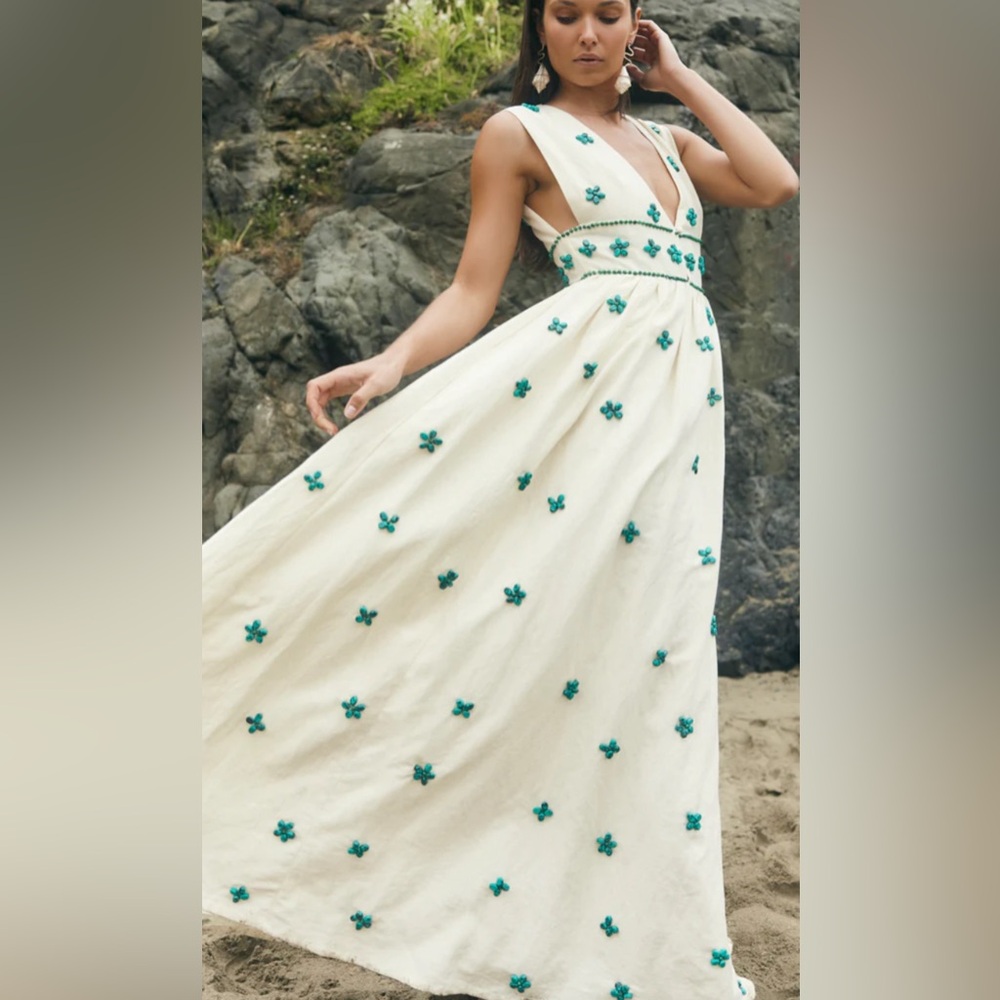 EDDY Becca Midi Dress Size Small NWT Linen with Hand Beaded Turquoise + Emerald